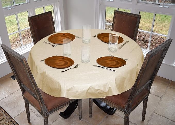 LAMINET Stitched Edge Drop Tablecloth - Basketweave (Beige) - Large Round - Fits Tables up to 70 Diameter