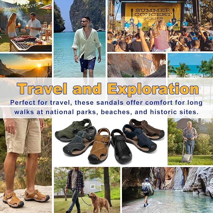 Men's Sport Sandals Closed Toe Leather Hiking Athletic Walking Outdoor Beach Trail River Fishing Water Shoes Lightweight Comfortable Waterproof