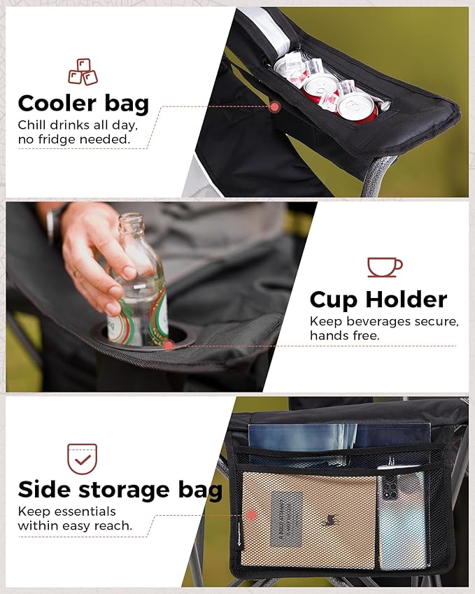 KingCamp Oversized Camping Folding Chair, Heavy Duty 450 LBS with Lumbar Support, Padded seat with Cup Holder&Cooler Bag, Ideal for Camp, Fishing, Sports Event, Backyard, Patio, Lawn(Lava Red)