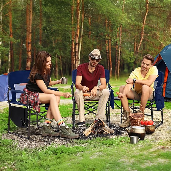 VINGLI Camping Chairs, Directors Chair, Camping Chair with Side Table & Carry Bag,Heavy Duty Camping Chairs for Adults, Portable Folding Camping Chair, Pocket for Beach, Fishing,Trip,Picnic,Lawn-Blue
