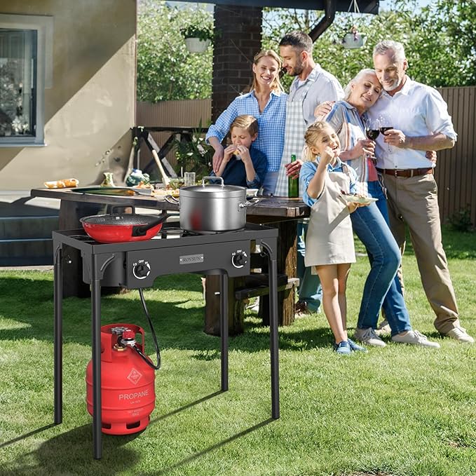 ROVSUN 2 Burner Outdoor Propane Gas Stove 150,000 BTU High Pressure Stand Cooker for Backyard Cooking Camping Home Brewing Canning Turkey Frying, 20 PSI Regulator