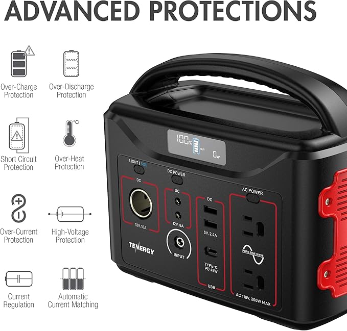 Tenergy T320 Portable Power Station, 300Wh Battery, 110V/200W (Surge 400W) Two Pure Sine Wave AC outputs, USB type C PD 45W, Solar Ready Mobile Power for Outdoors Camping Vans RV, Emergency Backup