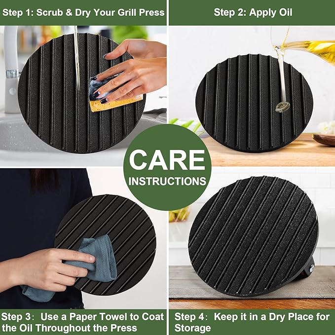 EWFEN Burger Press, 7" Round Heavy-Duty Cast Iron Smash Bacon Press Meat Steak with Wood Handle for Griddle, Sandwich, Nonstick Pan