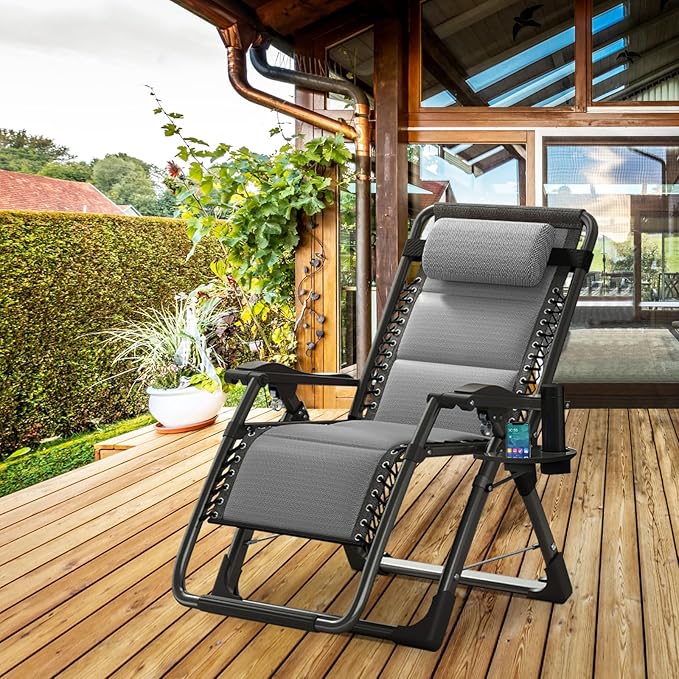 ABORON Zero Gravity Chair,Premium Outdoor Lawn Folding Lounge Chairs,Sturdy Adjustable Reclining Patio Chairs with Built in Cushion,Headrest & Tray