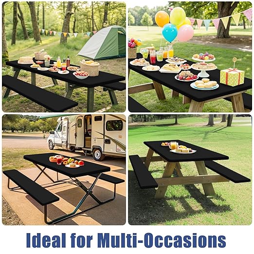 Picnic Table Cover with Bench Covers, Elastic Fitted Spandex Tablecloths for 6 Foot Rectangle Tables, Stretch Washable Patio Tablecloth for Outdoor, Camping (Black, 30"x72")