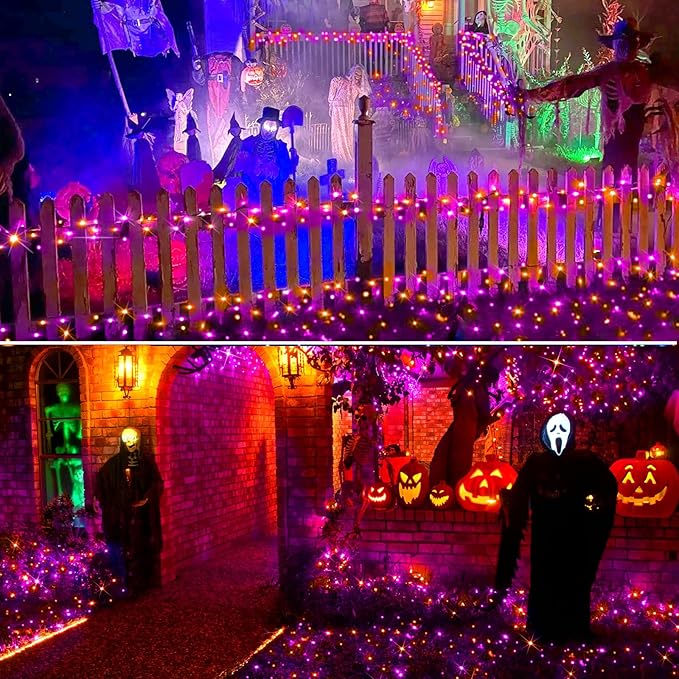 KNONEW 100FT 300LED Orange & Purple Halloween Fairy Lights Plug in,Orange Purple String Lights Outdoor Waterproof 8 Modes Memory Times for Bedroom Garden Party Halloween Decorations