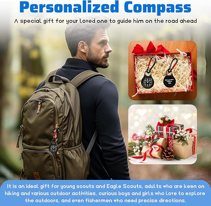 Custom Engraved Compass Keychain - Personalized Brass Compass with Luminous Function, Waterproof Survival Tool for Hiking Camping Graduation Gifts