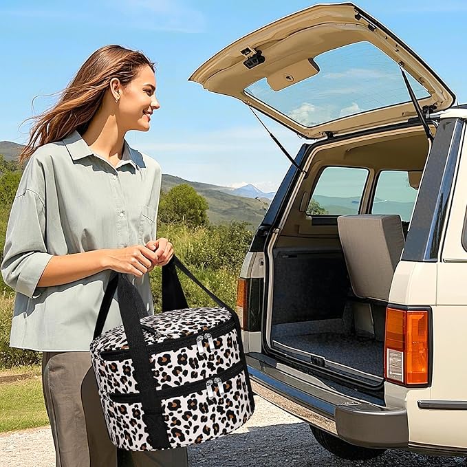 Round Double Insulated Casserole Carrier, Pie Carrier Bag, Portable Casserole Carrier for Hot or Cold Food Lunch Tote, Lunch Bag for Parties Picnic, Fits 12.5" Baking Dish, Leopard