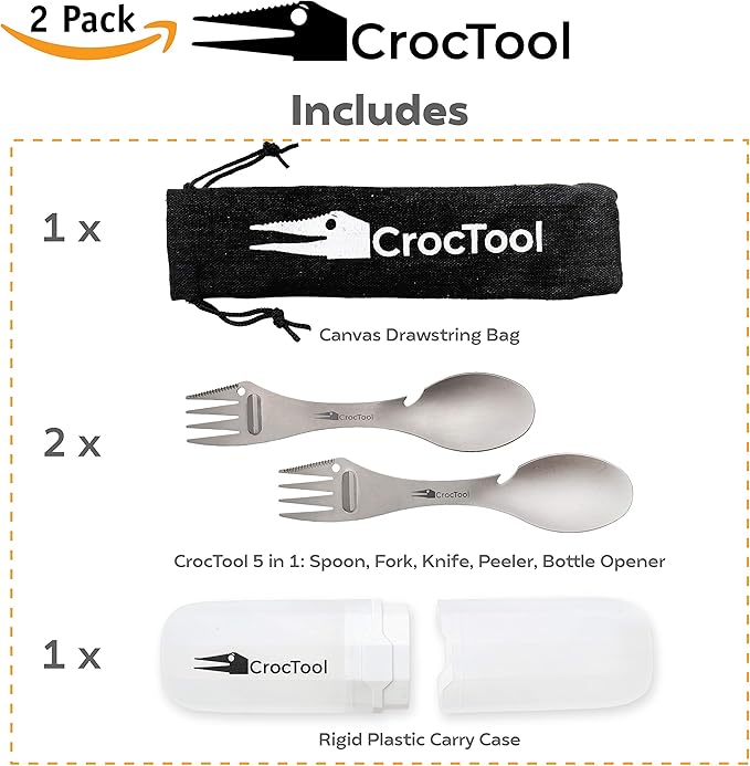Spork Ultra Lightweight and Strong 5 in 1 Camping Utensil Set-Spoon+Fork+Knife+Peeler+Bottle Opener+Bag+Carry case. Ideal for Outdoors, Home or Office