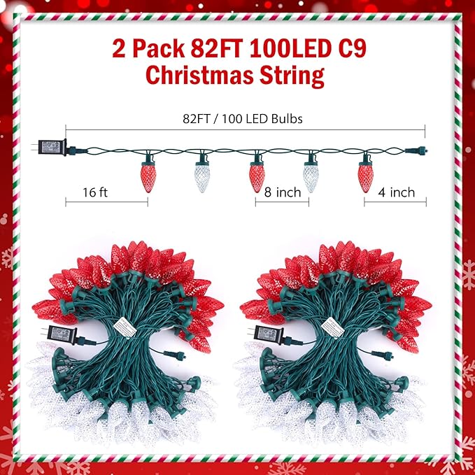 2 Pack C9 LED Christmas String Lights - Each 82ft 100 LED Outdoor String Lights with Timer and 8 Lighting Modes, Plug in Extendable Roofline Lights String for Outside Yard Christmas Holiday Decoration