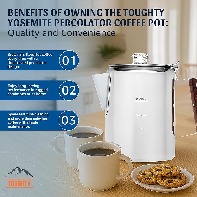 Toughty Yosemite Percolator Coffee Pot – Classic Coffee Percolator Stovetop for Camping & Home – Durable Stainless Steel - Gas, Electric & Induction Stoves – Old-Fashioned Style Pot – Silver – 9 Cups