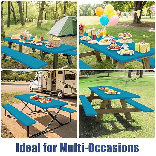 Picnic Table Cover with Bench Covers, Elastic Fitted Spandex Tablecloths for 6 Foot Rectangle Tables, Stretch Washable Patio Tablecloth for Outdoor, Camping (Turquoise, 30"x72")