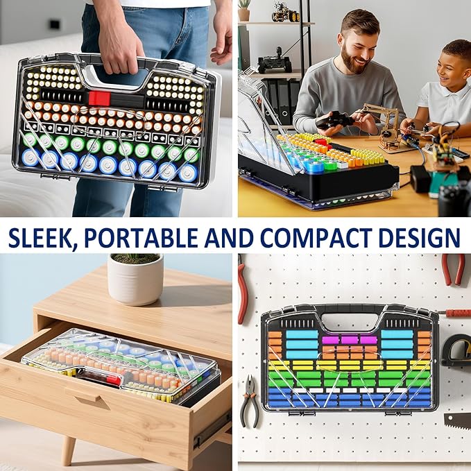 Battery Organizer Storage Holder Box Case with Tester, New Ultra-Large 285+Batteries Double-Sided Variety Pack, Holds AA AAA 4A C D Button Cell 9V 3V Lithium18650 CR2 CR123 CR1632 LR44 (Black)