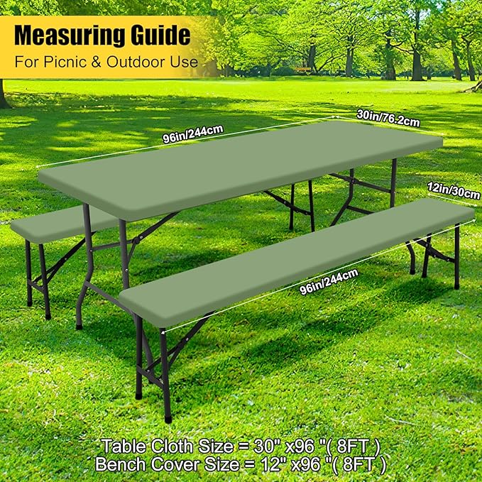 Smiry Picnic Table Cover with Bench Covers, Waterproof Elastic Fitted Polyester Tablecloths for 8 Ft Rectangle Tables, Washable Windproof Tablecloth for Camping, Outdoor (Sage Green, 30x96 Inches)