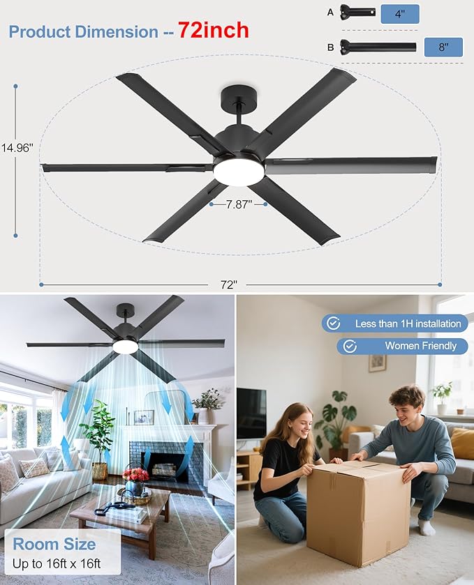 JAYNLT 72 Inch Ceiling Fan with Light,Industrial LED Fan Lights with 6 Aluminium Blades,Large Ceiling Fan - Remote/APP Control, Air Reversible 6 Speed 3 Colors Noiseless DC Motor for Porch,Garage