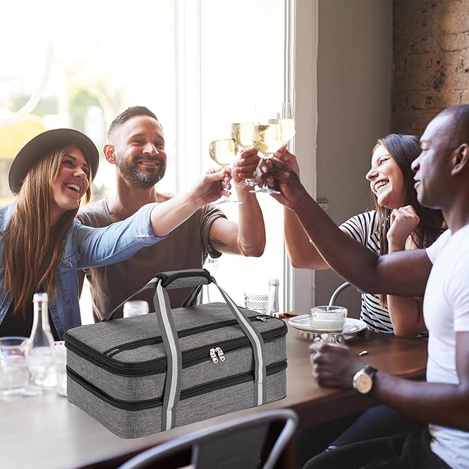 Stack Store Plus More Insulated Expandable Casserole Carrier with Baking Dish and Lid - Lasagna Holder for Picnic Potluck Beach Day Trip Camping Hiking - Hot and Cold Thermal Bag in Gray