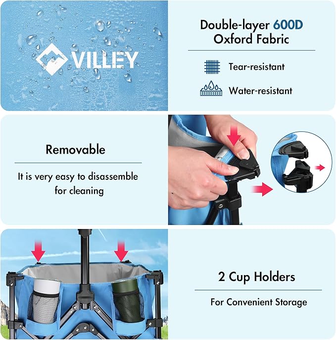 VILLEY Extended Collapsible Foldable Wagon with 330LBS Weight Capacity, 220L Heavy Duty Folding Utility Garden Cart with Big All-Terrain Beach Wheels with Brake & Drink Holders, Blue