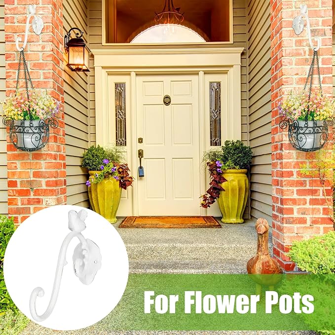 Moxweyeni 2 Pcs Cast Iron Plant Hangers Outdoor 10" Heavy Duty Hanging Basket Brackets Lovely Bird Shape Decorative Wall Hangers for Flower Pots Bird Feeder Wind Chime Lantern(White)