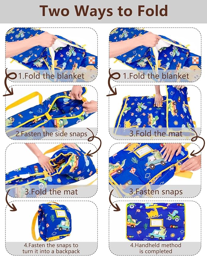 Primlect Toddler Nap Mat with Removable Pillow and Flannel Blanket, Portable Kids Sleeping Bag, Easy to Carry on The Go, Perfect for Daycare, Preschool, Boys and Girls, 12 Months - 6 Years