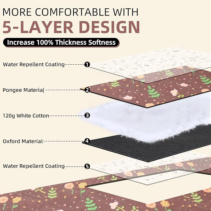 Outdoor Cute Picnic Blanket Brown Floral 60"x80" Sandproof Beach Blanket Waterproof Picnic Blankets Foldable for Caming, Beach, Outdoor Activities.