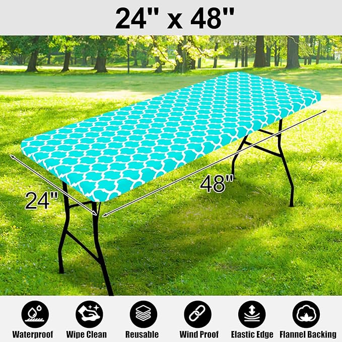 Smiry Rectangle Picnic Table Cover, Waterproof Elastic Fitted Camping Tablecloths for 4 Foot Tables, Wipeable Flannel Backed Vinyl Tablecloth Protector for Indoor, Outdoor (Teal, 24x48 Inches)