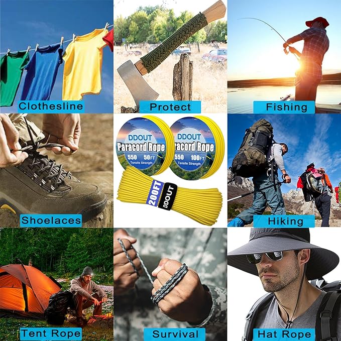 Paracord Nylon Rope Yellow 100ft with 7-Strand Core, 10 Colors and 50/100/200 ft, Type III Parachute Cord 4mm for Camping, Survival, Hiking, DIY, Crafting, Outdoor Utility Rope