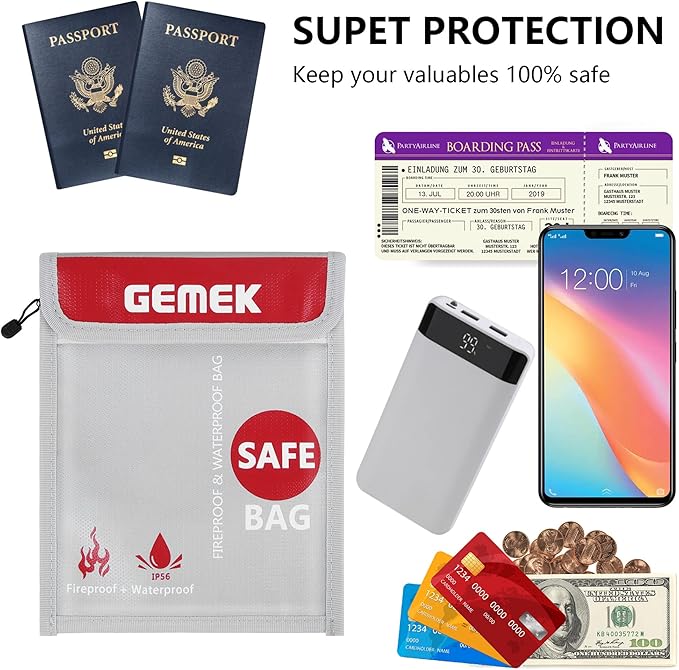 Fireproof Waterproof Money Document Bag 2 Pack, GEMEK Safe Zipper Bags, Fire & Water Resistant Storage Organizer Pouch for A4 A5 Documents Holder,File,Cash,Jewelry,Passport,Tablet,Laptop (Silver)