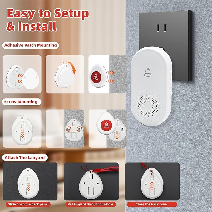 Wireless Caregiver Pager SOS Call Button for Elderly Monitoring 1000+ Feet Life Alert,Emergency Alert System Call Bell for Nurse Patient Disabled 1 Waterproof Transmitter & 2 Plugin Receiver