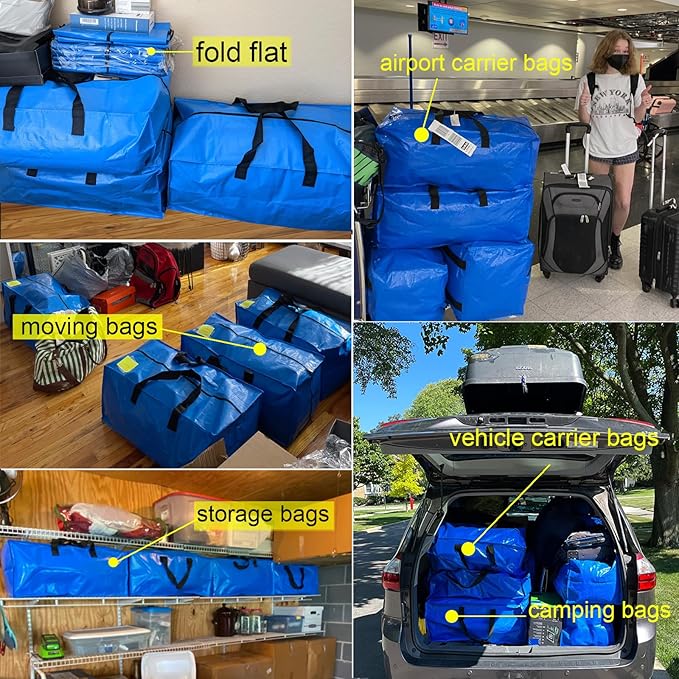 5 Pack Heavy Duty Extra Large Moving Bags Storage Tote - Strong Handles& Backpack Straps - Space Saving Storage Bags Alternative to Moving Boxes and Bins,Compatible with Ikea Frakta Cart, Blue
