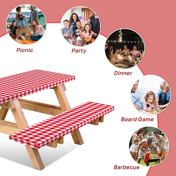 RNOONY Vinyl Fitted Picnic Table Cover with Bench Covers and Bag, 6ft Outdoor Waterproof Picnic Tablecloth with Elastic Edges, 72x30 Inches 3 Pcs Set (Red Checkered)