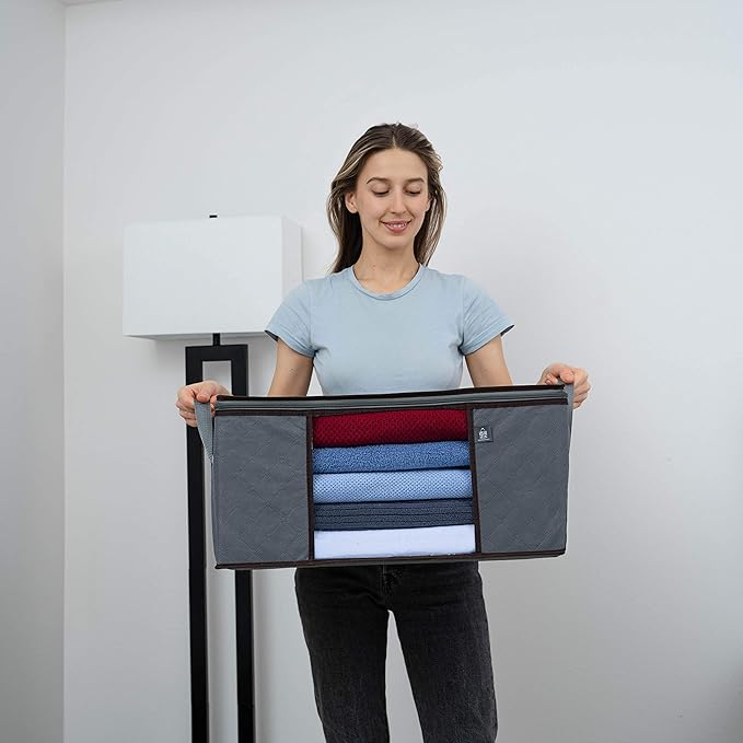 VENO 3 Pack Large Clothes Storage Bag Organizer with Reinforced Handle Thick Fabric for Comforters, Blankets, Bedding, Foldable with Sturdy Zipper, Clear Window, Grey, Reusable (13.3 Gallon)