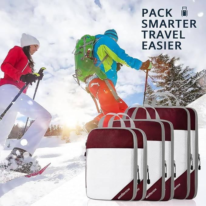 6 Set Compression Packing Cubes for Travel - Compressible, Lightweight, and Space-Saving Packing Cubes, Travel Essentials for Women, Wine