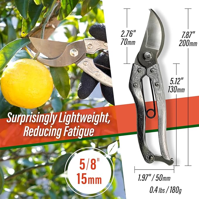 SUIZAN Bypass Pruning Shears 8” Forged Aluminum Handle - Professional Japanese Hand Pruners Garden Scissors Gardening Tools