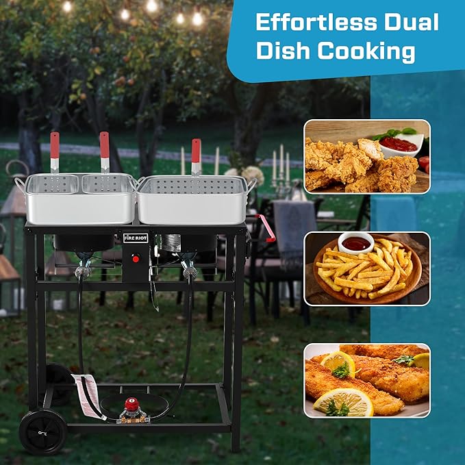 Deep Fryer with Double Burner Propane Stove Outdoor - 2-18QT Aluminum Pots & Frying Baskets- Perfect for fish fryers, Wings, Fries, Cajun Fry