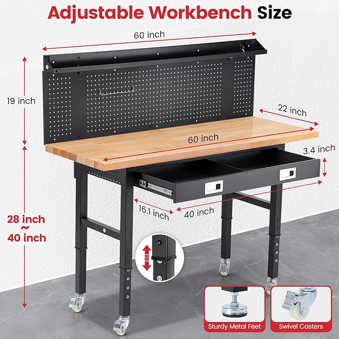 Workbench with Wheels 60 Inch Heavy Duty Rubberwood Tabletop Work Bench for Garage Adjustable Height Work Table with Pegboard, Drawers, Power Outlets for Woodworking, Home, Office, Workshop