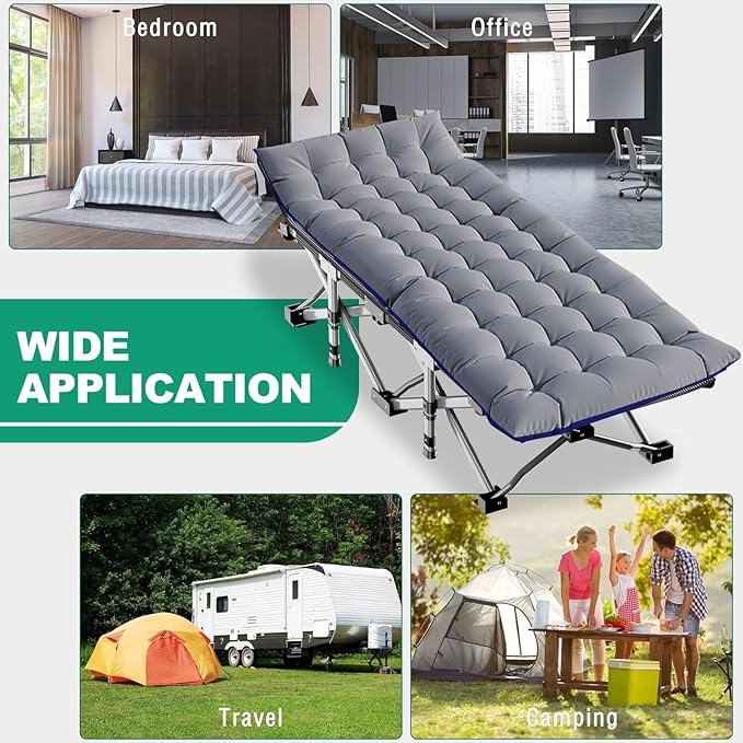LILYPELLE Folding Camping Cot, Extra Wide Heavy Duty Sleeping Cots with Carry Bag, Double Layer Oxford Portable Travel Camp Cots for Home, Office Nap and Outdoor Beach