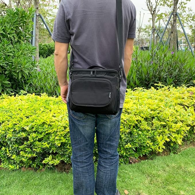 FlowFly Insulated Reusable Lunch Bag Adult Large Lunch Box for Women and Men with Adjustable Shoulder Strap,Front Zipper Pocket and Dual Large Mesh Side Pockets, Black