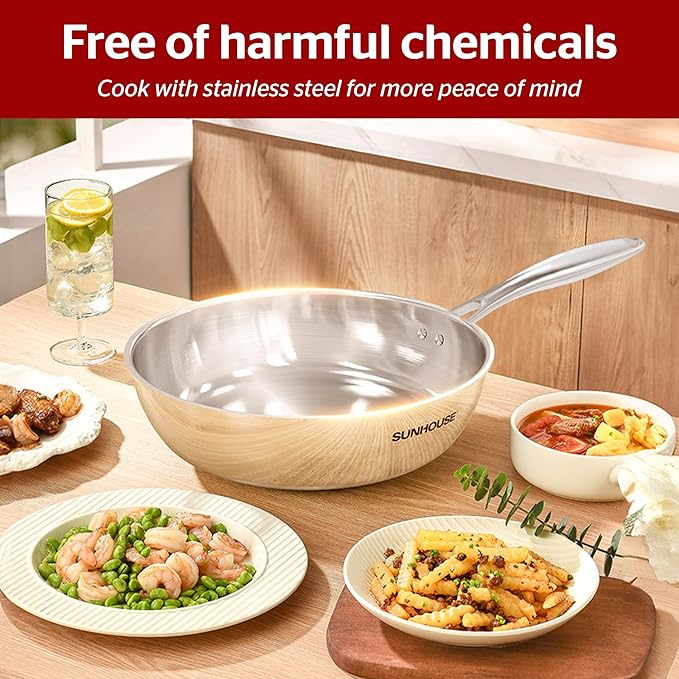 Sunhouse 10 Inch 18/10 Chef Series Stainless Steel Frying Pan, Tri-Ply Stainless Steel Construction, PFOA-FREE, Stay-Cool Handle, Induction Compatible with All Cooktops, Dishwasher Safe