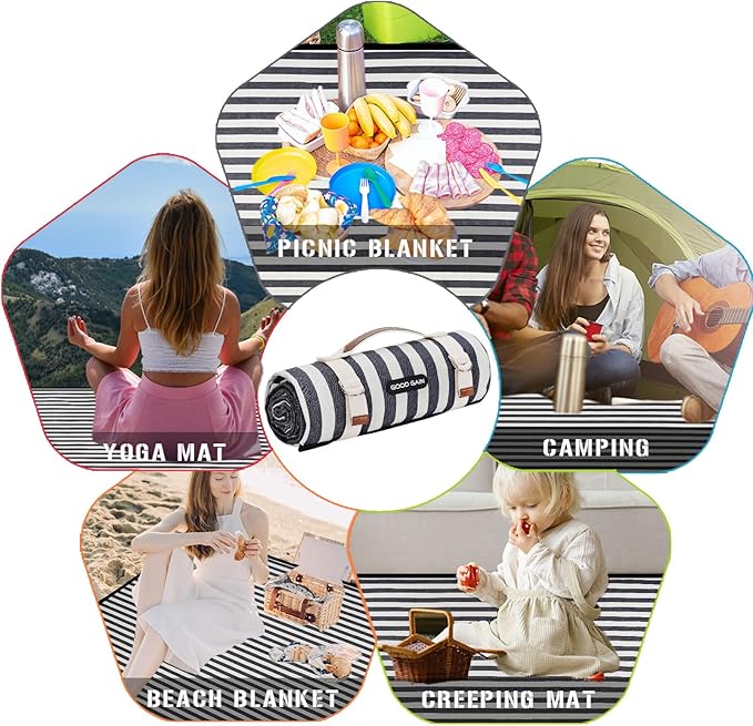 Picnic Blankets Outdoor Extra Large - Waterproof Picnic Blanket with Carry Strap | Machine Washable Picnic Mat with Sandproof Backing for Park,Grass,Hiking,Travel,Concerts,Indoor(Aegean Blue)