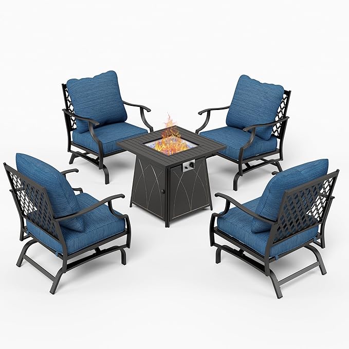 Patio Furniture Set with Fire Pit Table, 5 Pcs Metal Outdoor Conversation Set, 4 Rocking Chairs with 5.75" Extra Thick Cushion and 28" Fire Pit Table for Backyard Deck, Green Blue