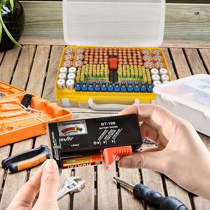 Battery Organizer Storage Holder Case with Double-Sided, Garage Box with Tester Checker. Batteries Container for 269pcs AA AAA AAAA 3A 4A 9V C D Lithium 4LR44 CR2 CR123A CR1632 CR2032 18650 - Yellow