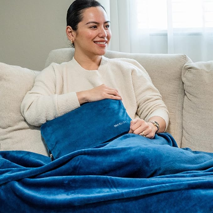 Travel Pillow and Blanket Set - 4-in-1 Ultimate Travel Kit with Memory Foam Pillow, Travel Blanket, Sleep Mask, and Earplugs-Ultimate Comfort and Coziness for Your Journeys - Blue