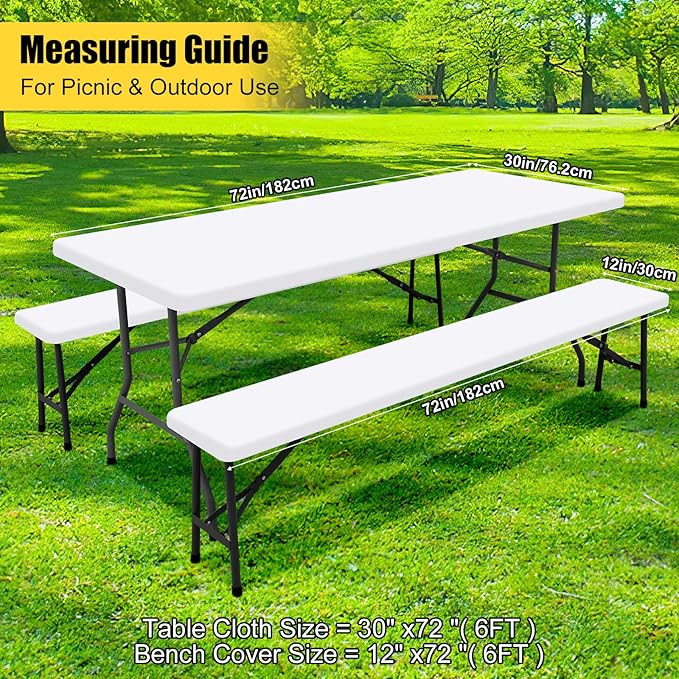 Smiry Picnic Table Cover with Bench Covers, Waterproof Elastic Fitted Polyester Tablecloths for 6 Ft Rectangle Tables, Washable Windproof Tablecloth for Camping, RV & Outdoor (White, 30x72 Inches)