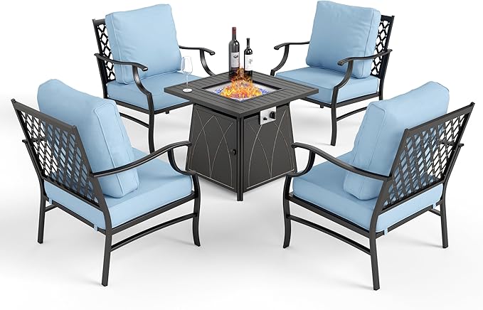 Patio Furniture Set with Fire Pit Table, 5 Pcs Metal Outdoor Conversation Set, 4 Single Chairs with 5.75" Extra Thick Cushion and 28" Fire Pit Table for Backyard Deck, Blue