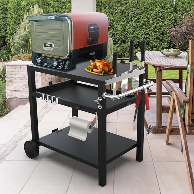 29.5''x19.6'' Outdoor Grill Cart, Pizza Oven Table Stand, 3-Shelves Food Prep Table for Ninja Woodfire, Ooni Pizza Oven, 17'' & 22'' Blackstone Griddle, Grill Stand for Picnic, Camping