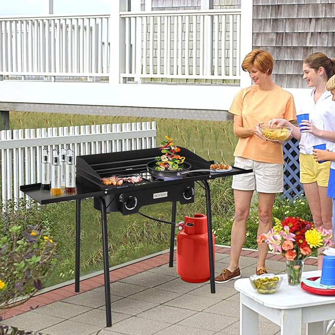 ROVSUN 2 Burner Gas Stove with Side Shelves, 150,000 BTU Portable Propane Stove with Removable Legs, Wind Panels & Regulator for Camping Home Backyard Cooking Brewing Canning Turkey Frying