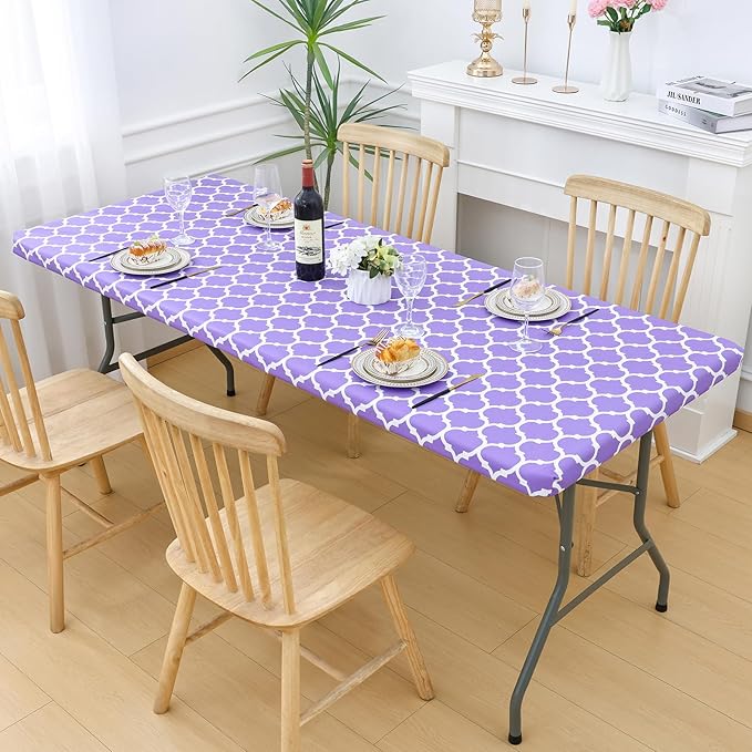 Smiry Rectangle Picnic Table Cover, Waterproof Elastic Fitted Camping Tablecloths for 4 Foot Tables, Wipeable Flannel Backed Vinyl Tablecloth Protector for Indoor, Outdoor (Lavender, 30x48 Inches)