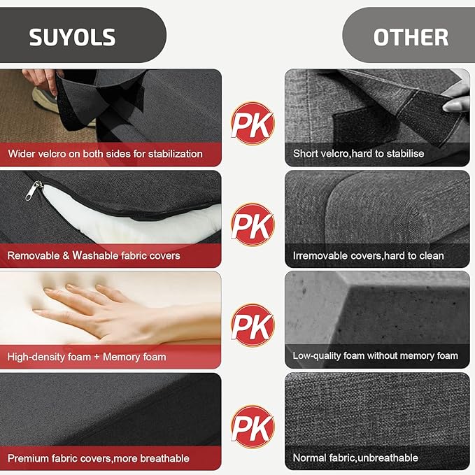 Folding Sofa Bed with Pillow- Convertible Chair Floor Couch & Sleeping Mattress, Foldable Memory Foam Sleeper for Living Room/Dorm/Guest Room/Home Office/Apartment/Loft, Single26, Dark Gray