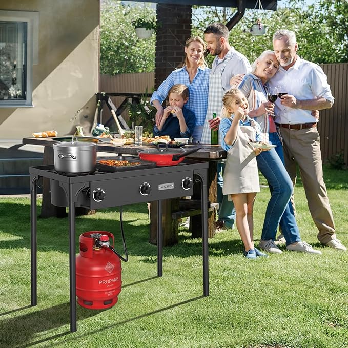 ROVSUN 3 Burner Propane Gas Stove, 225,000 BTU High Pressure Outdoor Camping Burner with CSA Listed Regulator, Picnic Cooker Perfect for Home Brewing Maple Syrup Patio Turkey Frying Canning