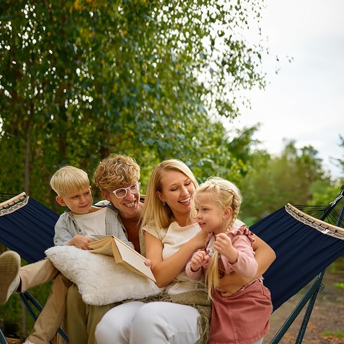 Tranquillo Ultimate Relaxation Portable Hammock Stand with Cotton Canvas, Spreader Bar, Quick Fold Unfold in 30 Seconds Steel Frame Hammock 600 lbs Capacity, Hammock Stand Outdoor, Hammock Set, Navy